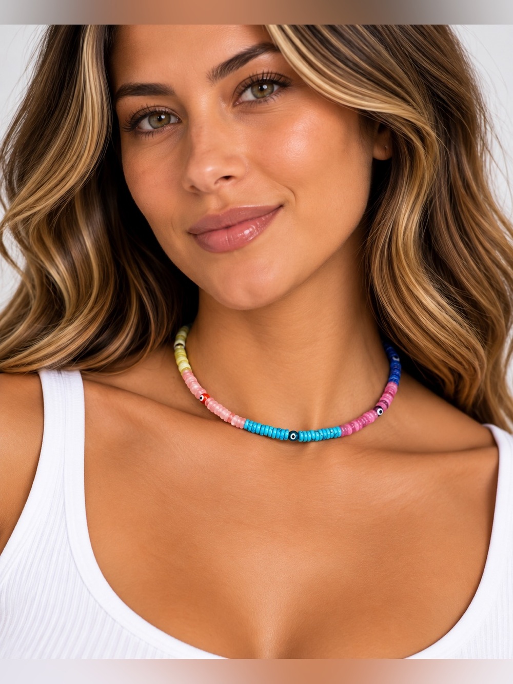 Mayamar evil eye Colorful Beaded Necklace with Turquoise and Pink Accent Beads